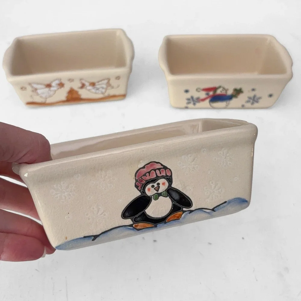 Garden Ridge Christmas Mini Loaf Pan Set 3 Snowman Penguin Angel Stoneware